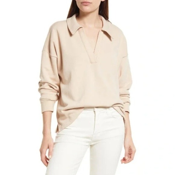 MADEWELL Cotton-Hemp Oversized Polo Sweatshirt in Avalon‎ Pink XXS - Picture 3 of 12